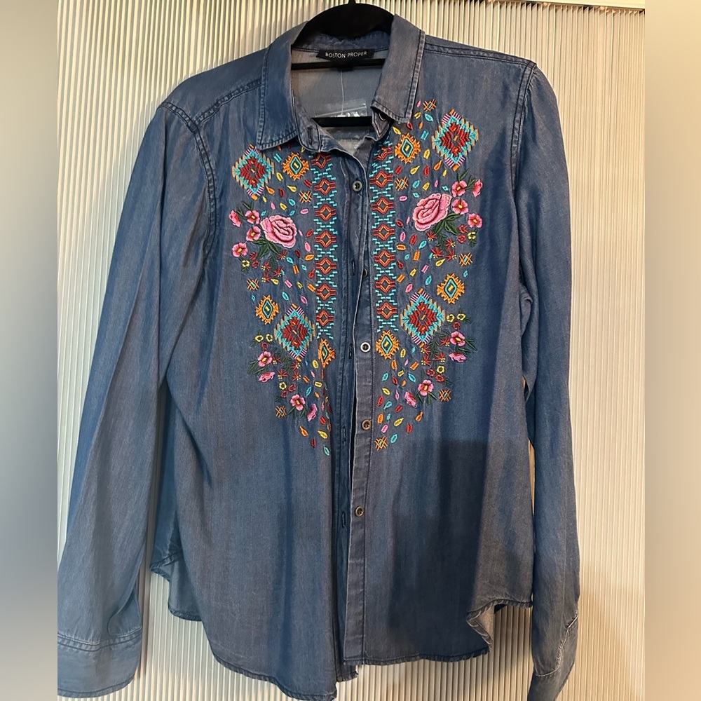 Boston Proper denim embroidered shirt
